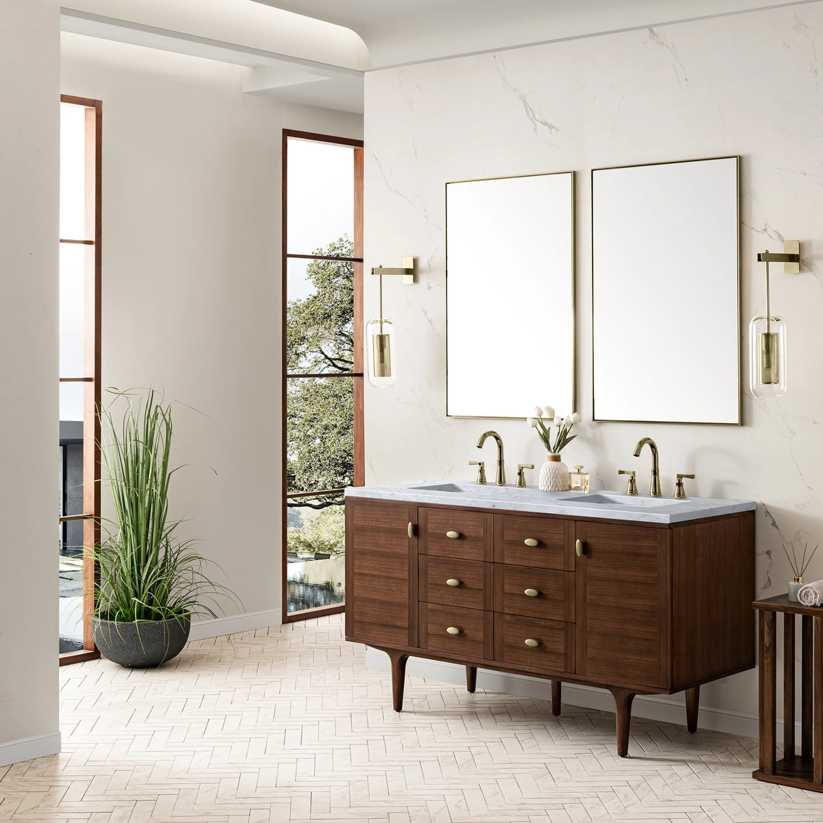 Amberly 60" Double Vanity, Mid-Century Walnut w/ 3 CM Carrara Marble Top, view 7