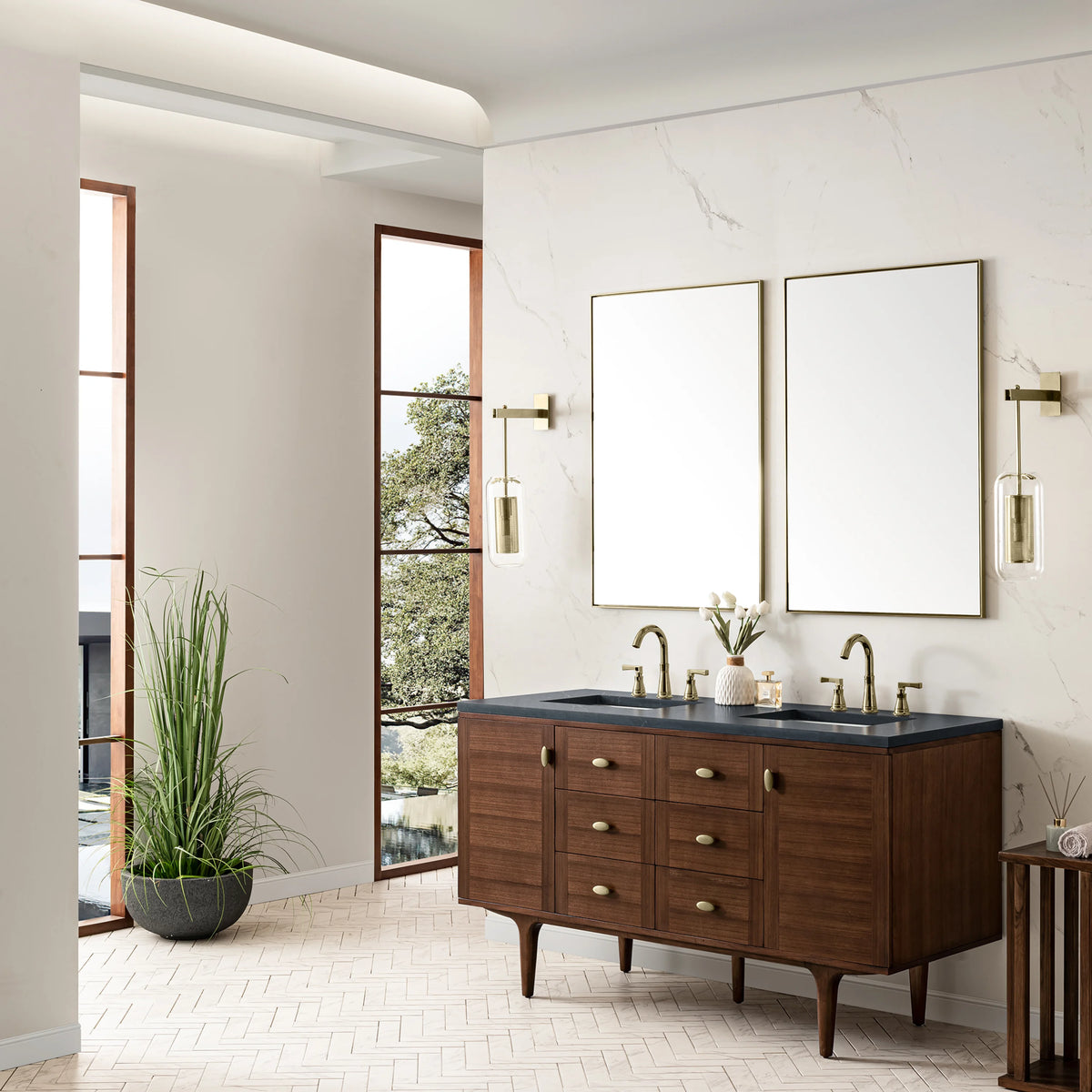 Amberly 60" Double Vanity, Mid-Century Walnut w/ 3 CM Charcoal Soapstone Top, view 9