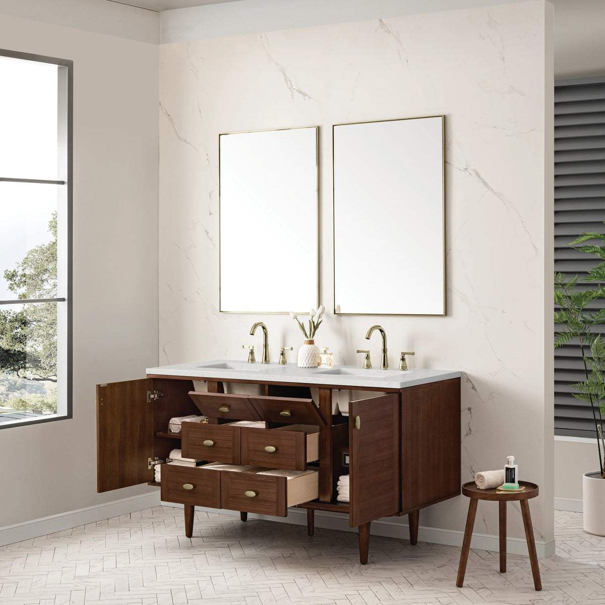 Amberly 60" Double Vanity, Mid-Century Walnut w/ 3 CM Lime Delight Top, view 9