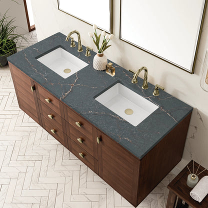 Amberly 60" Double Vanity, Mid-Century Walnut w/ 3 CM Parisien Bleu Top, view 13