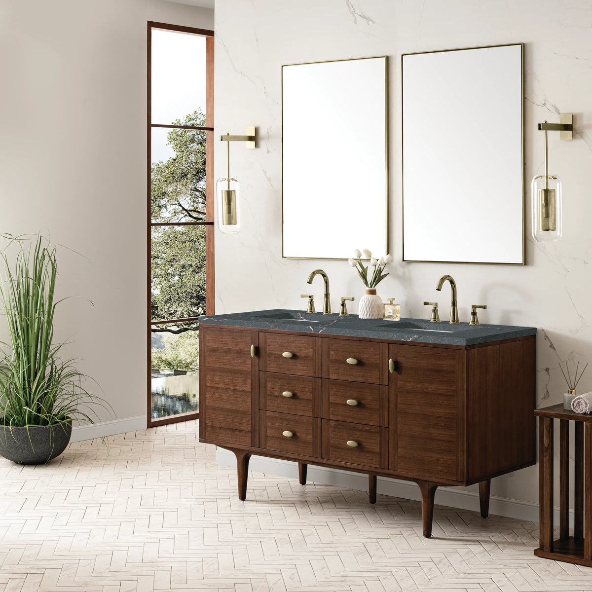 Amberly 60" Double Vanity, Mid-Century Walnut w/ 3 CM Parisien Bleu Top, view 7
