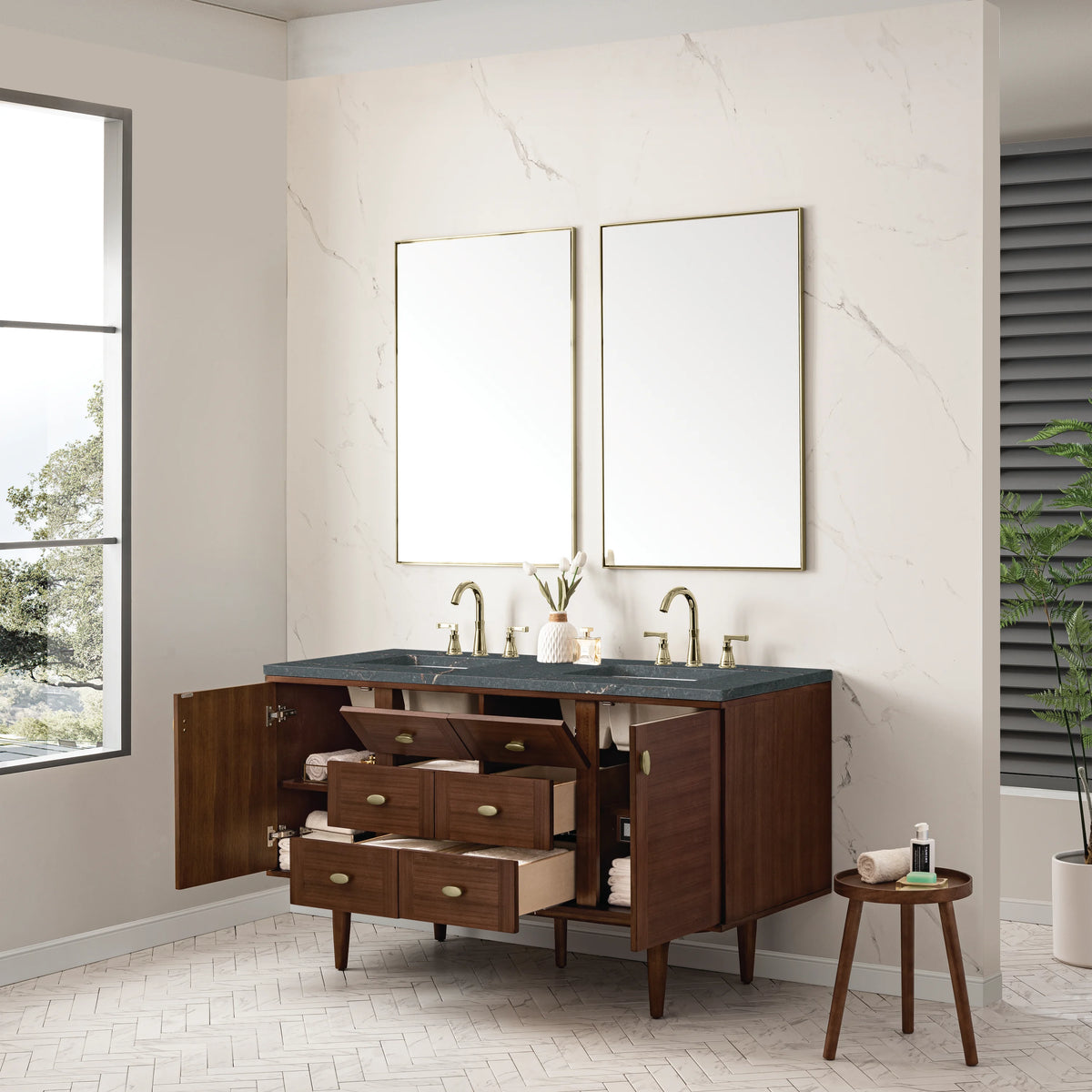 Amberly 60" Double Vanity, Mid-Century Walnut w/ 3 CM Parisien Bleu Top, view 9