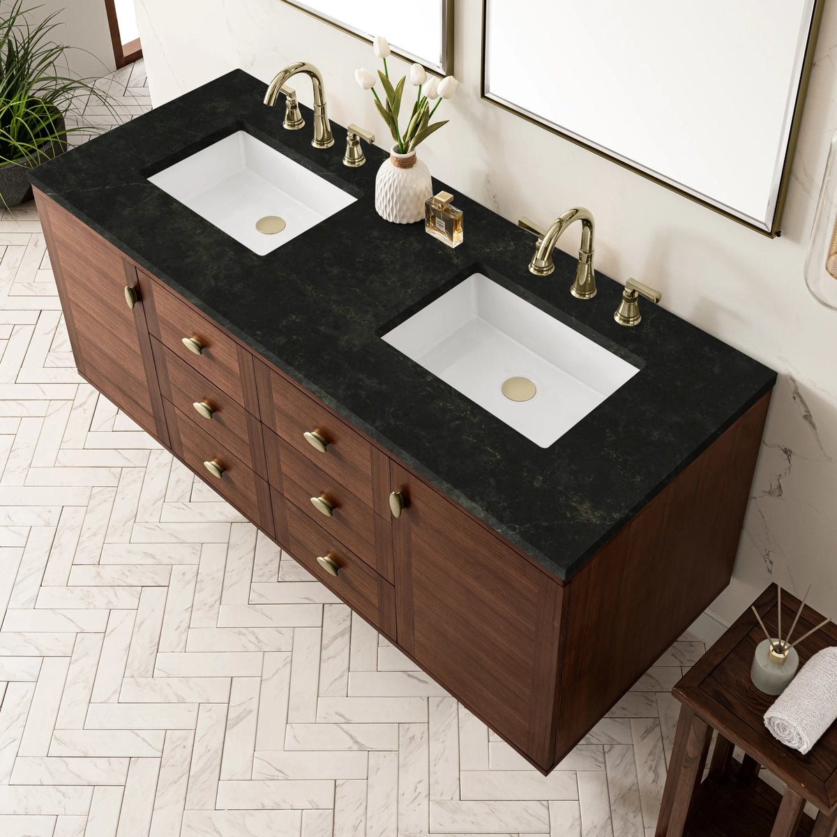Amberly 60" Double Vanity, Mid-Century Walnut, w/ 3 CM Phantome Eclos Top, view 13