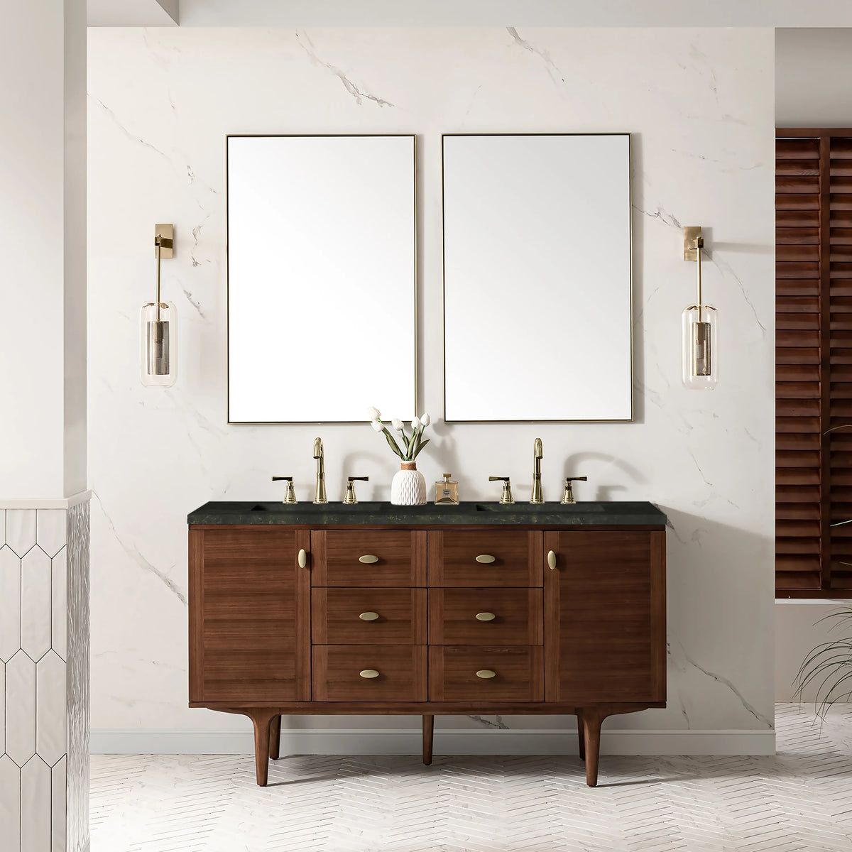 Amberly 60" Double Vanity, Mid-Century Walnut, w/ 3 CM Phantome Eclos Top, view 5