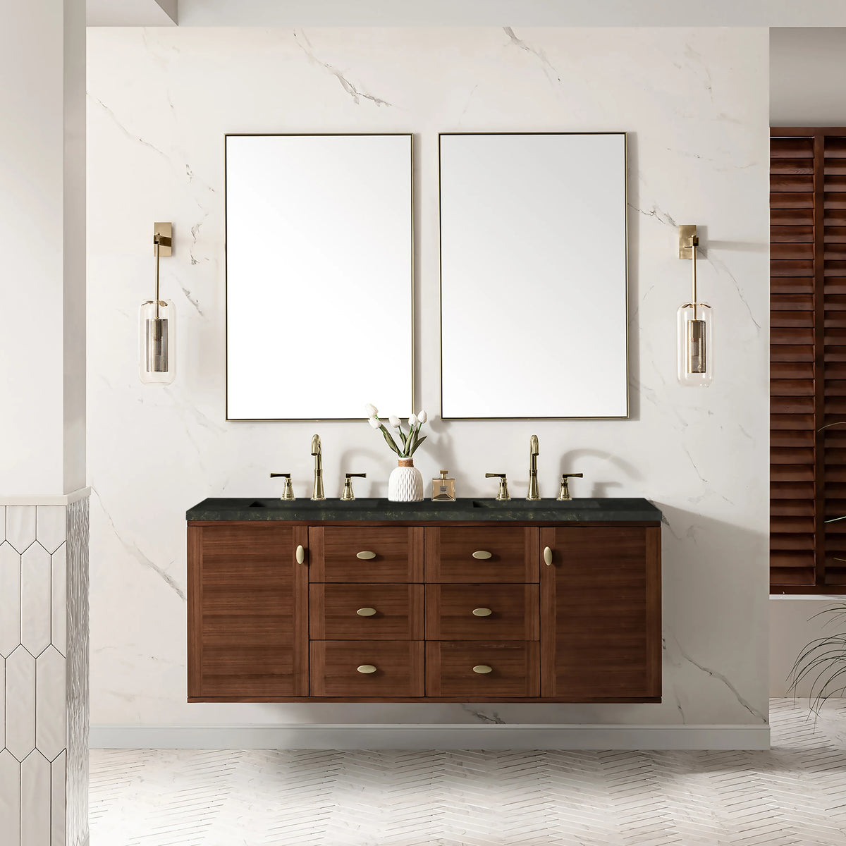 Amberly 60" Double Vanity, Mid-Century Walnut, w/ 3 CM Phantome Eclos Top, view 6