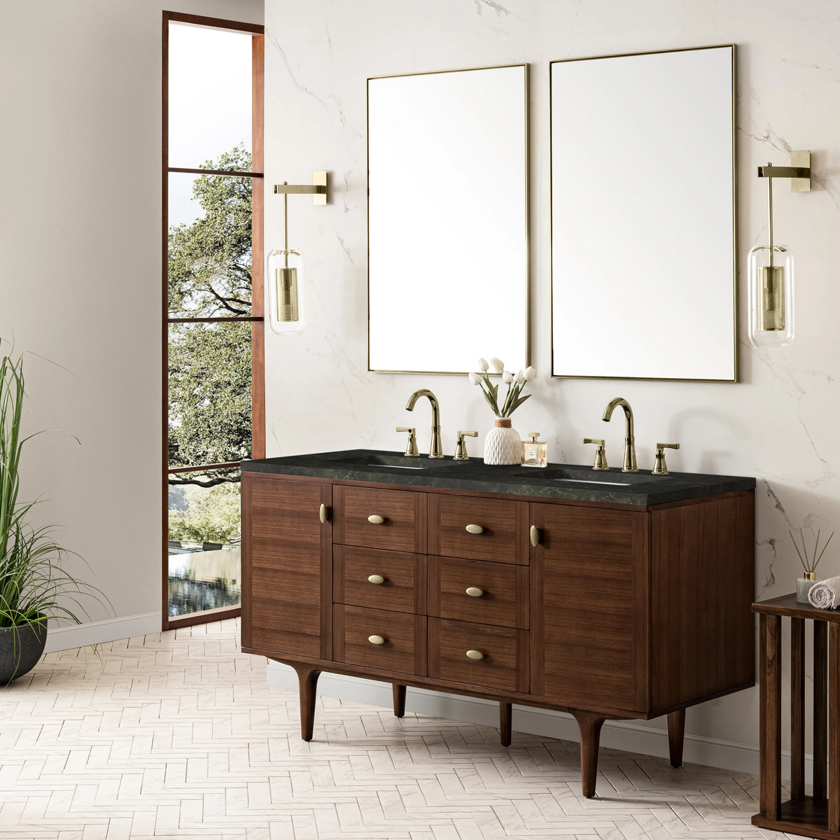 Amberly 60" Double Vanity, Mid-Century Walnut, w/ 3 CM Phantome Eclos Top, view 7