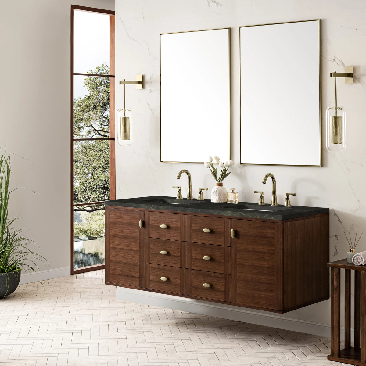 Amberly 60" Double Vanity, Mid-Century Walnut, w/ 3 CM Phantome Eclos Top, view 8