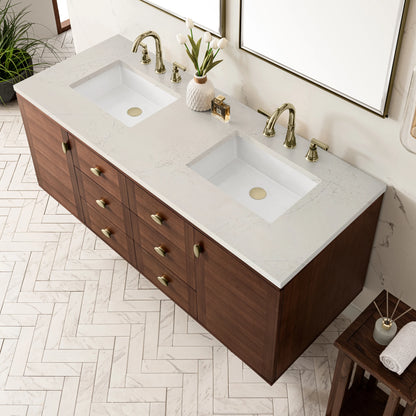 Amberly 60" Double Vanity, Mid-Century Walnut, w/ 3 CM Siberian Silestone Top, view 13