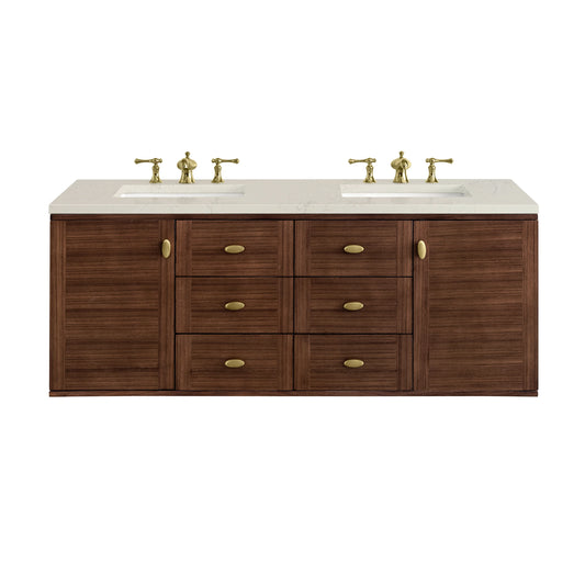 Amberly 60" Double Vanity, Mid-Century Walnut, w/ 3 CM Siberian Silestone Top, view 2