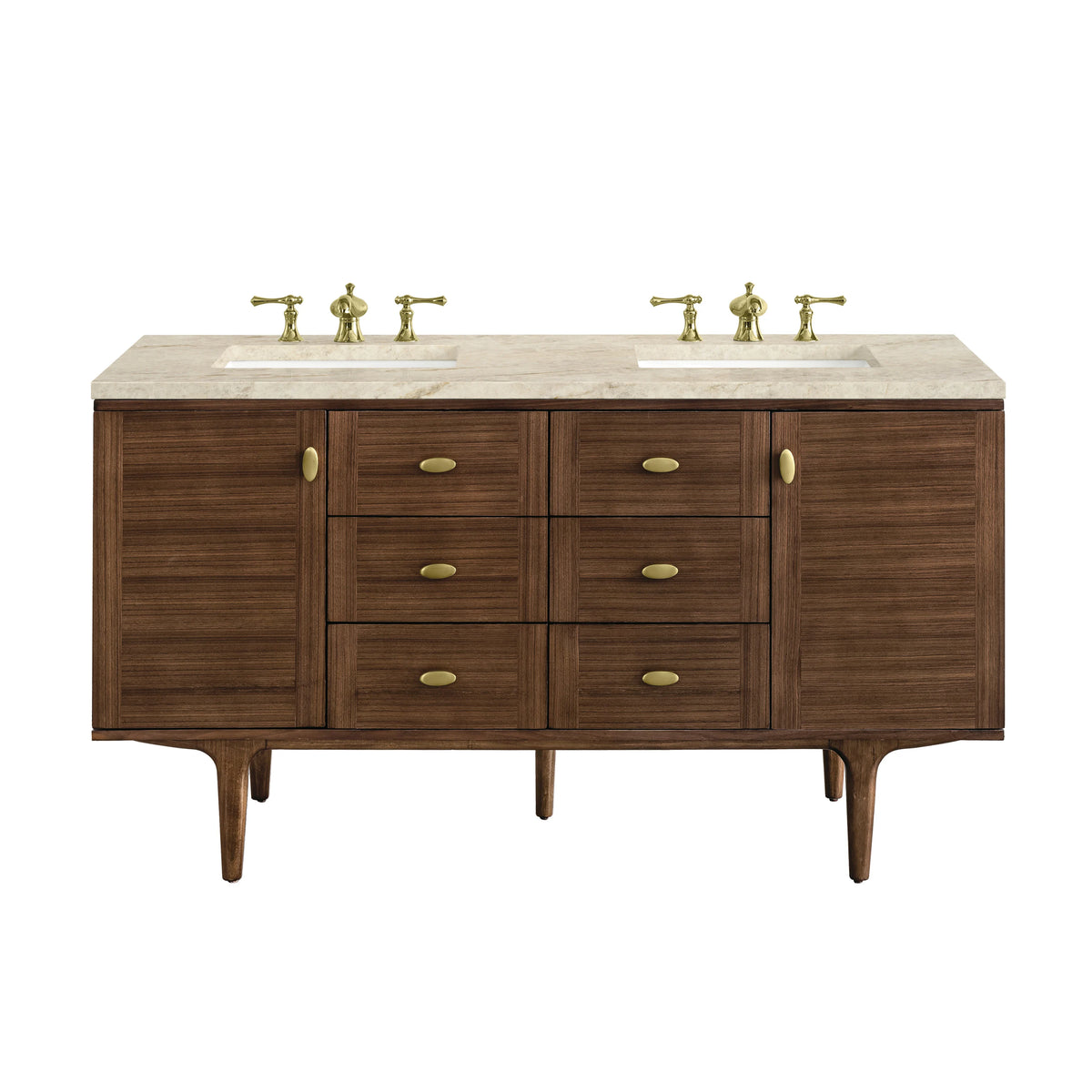 Amberly 60" Double Vanity, Mid-Century Walnut, w/ 3 CM Tajnar Eclos Top