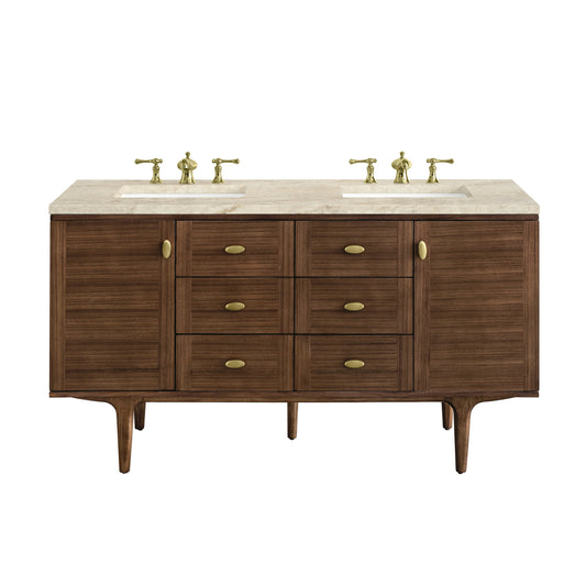 Amberly 60" Double Vanity, Mid-Century Walnut, w/ 3 CM Tajnar Eclos Top
