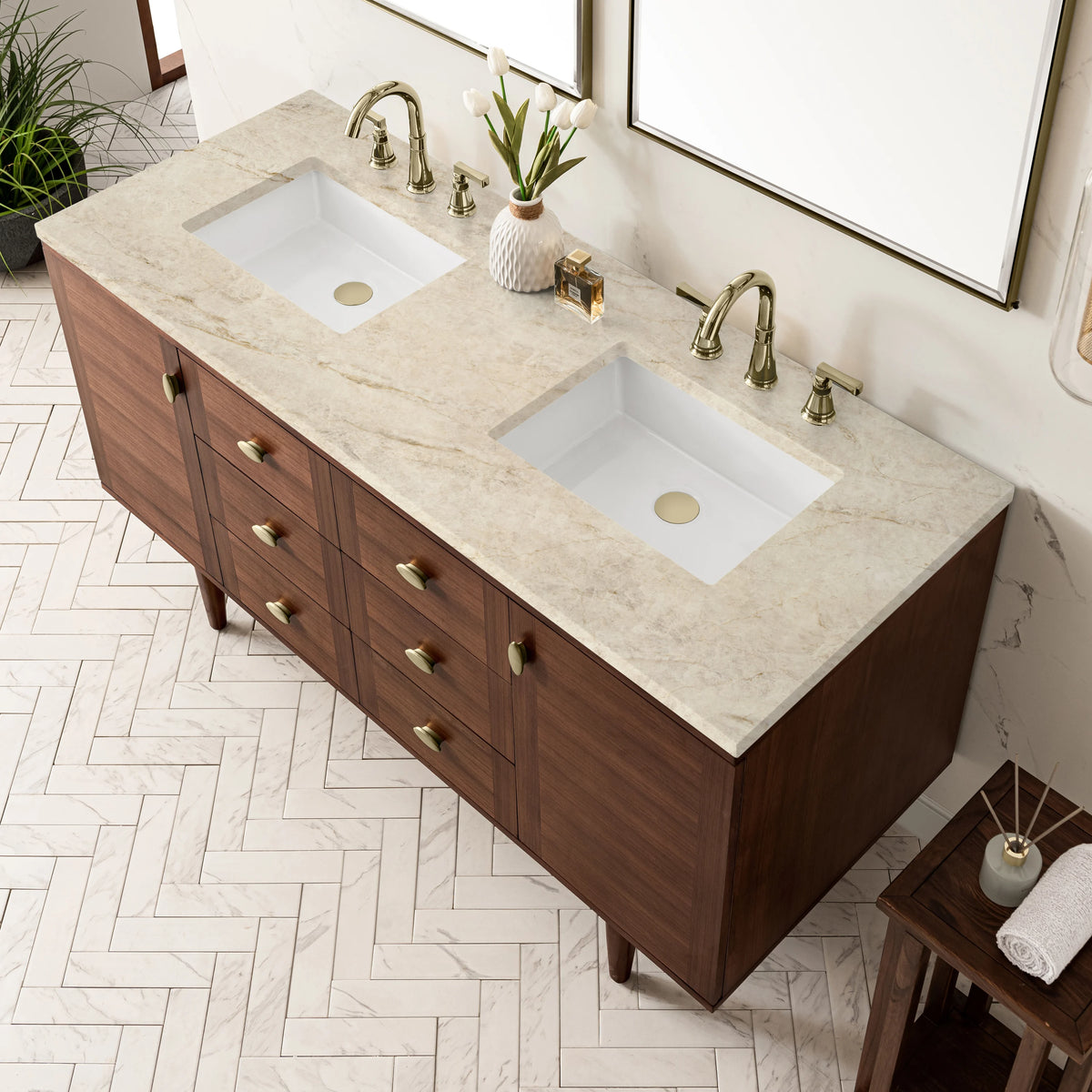 Amberly 60" Double Vanity, Mid-Century Walnut, w/ 3 CM Tajnar Eclos Top, view 12
