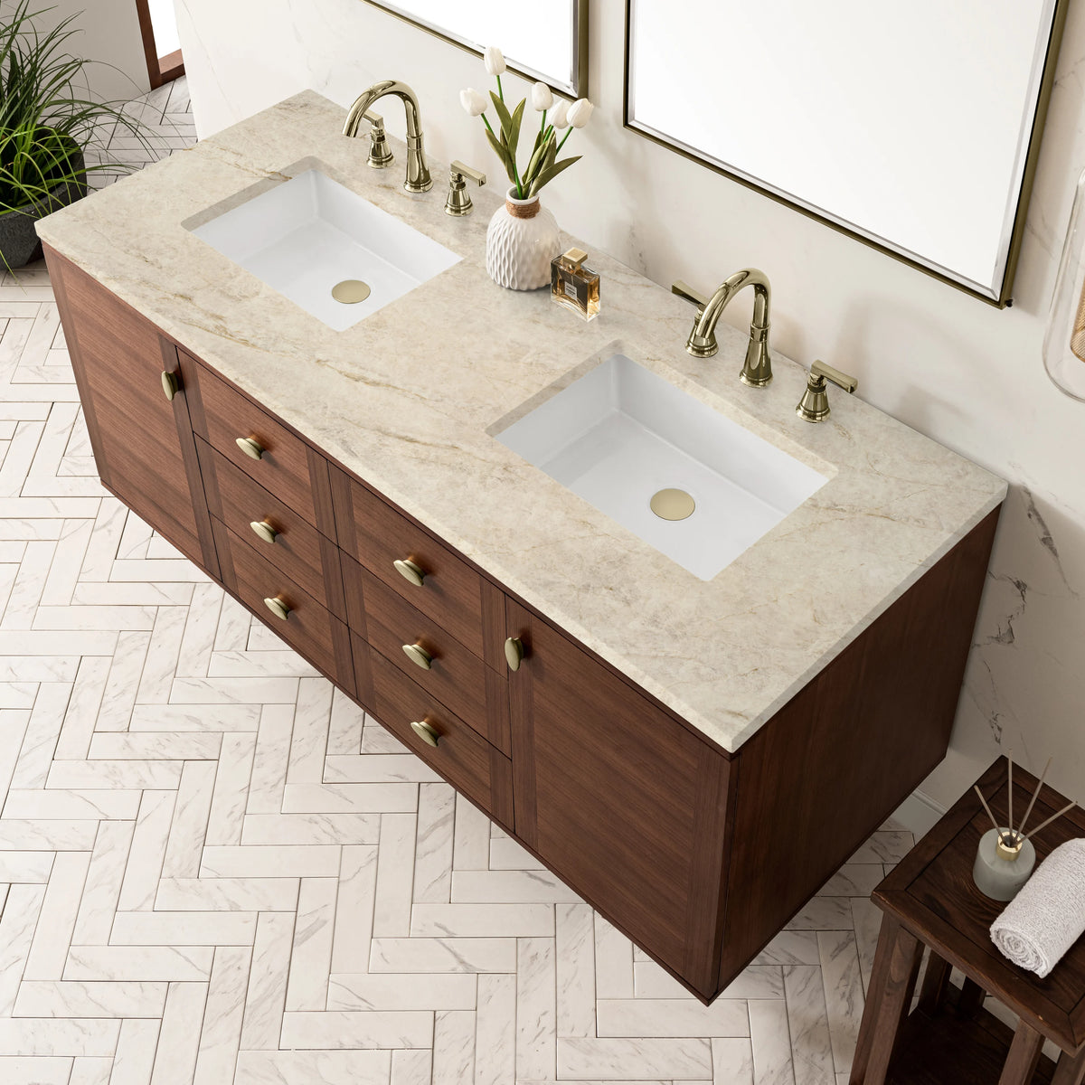 Amberly 60" Double Vanity, Mid-Century Walnut, w/ 3 CM Tajnar Eclos Top, view 13