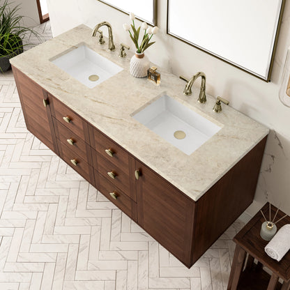 Amberly 60" Double Vanity, Mid-Century Walnut, w/ 3 CM Tajnar Eclos Top, view 13