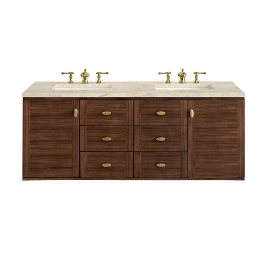 Amberly 60" Double Vanity, Mid-Century Walnut, w/ 3 CM Tajnar Eclos Top, view 2
