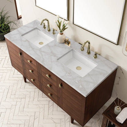 Amberly 60" Double Vanity, Mid-Century Walnut w/ 3 CM Victorian Silver Top, view 11