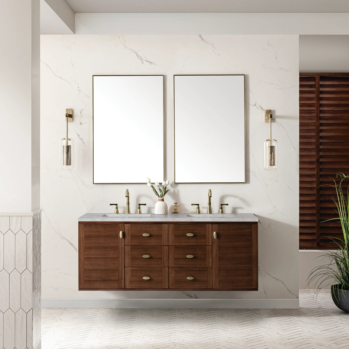 Amberly 60" Double Vanity, Mid-Century Walnut w/ 3 CM Victorian Silver Top, view 6