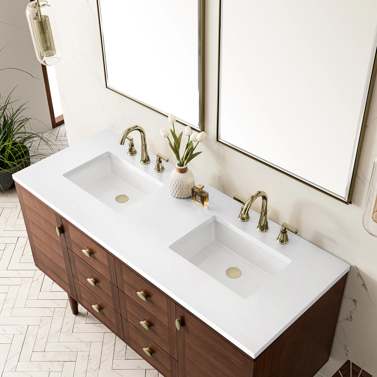 Amberly 60" Double Vanity, Mid-Century Walnut w/ 3 CM White Zeus Top, view 17