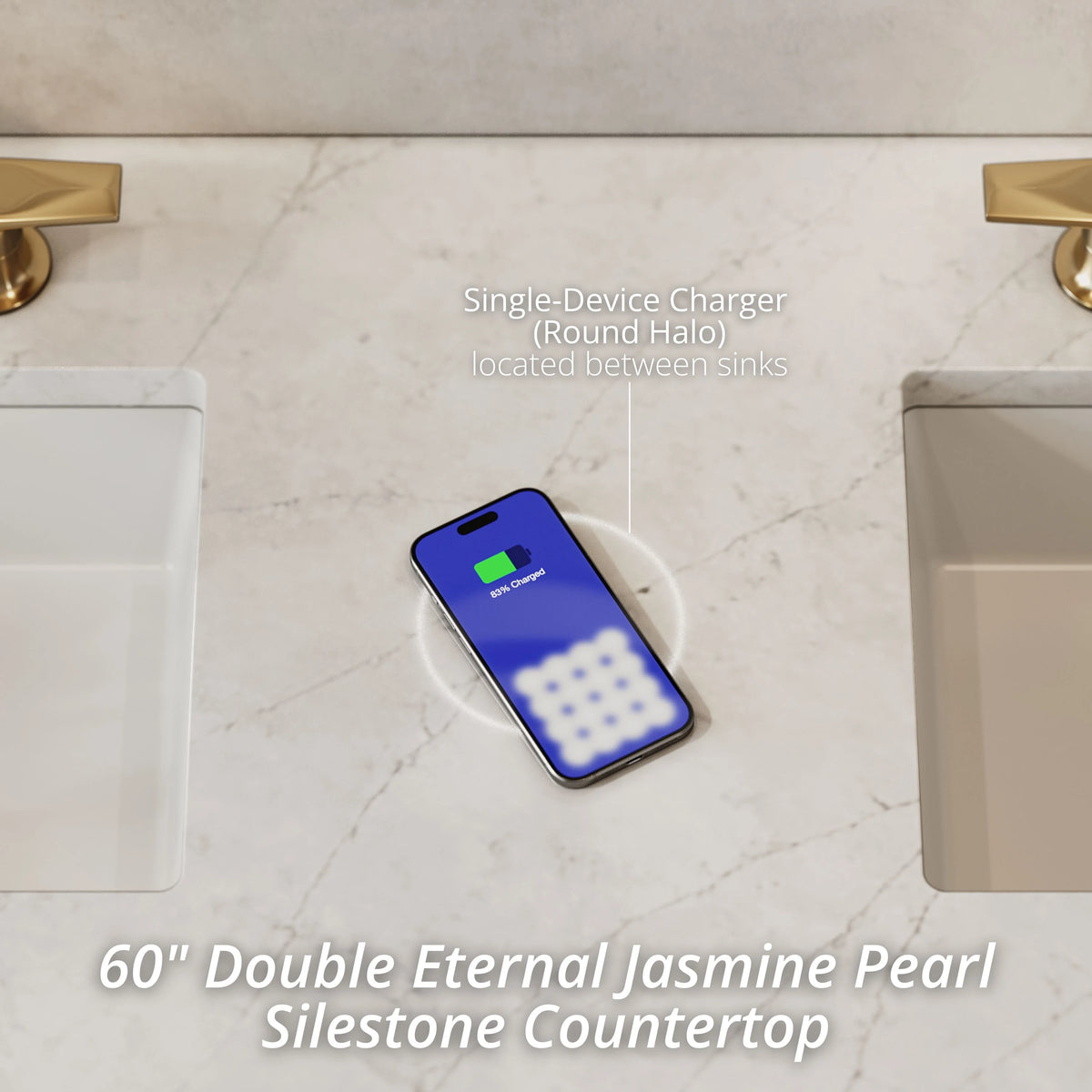 Amberly 60" Double Vanity, Mid-Century Walnut w/ 3 CM Eternal Jasmine Pearl Top w/FreePower Wireless Charger, view 4