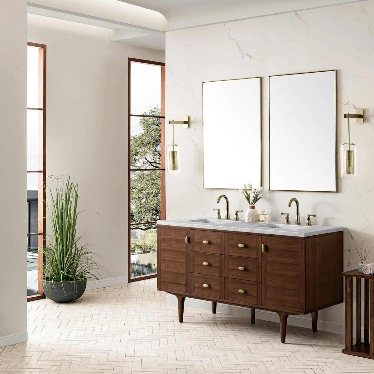 Amberly 60" Double Vanity, Mid-Century Walnut w/ 3 CM Eternal Jasmine Pearl Top w/FreePower Wireless Charger, view 8