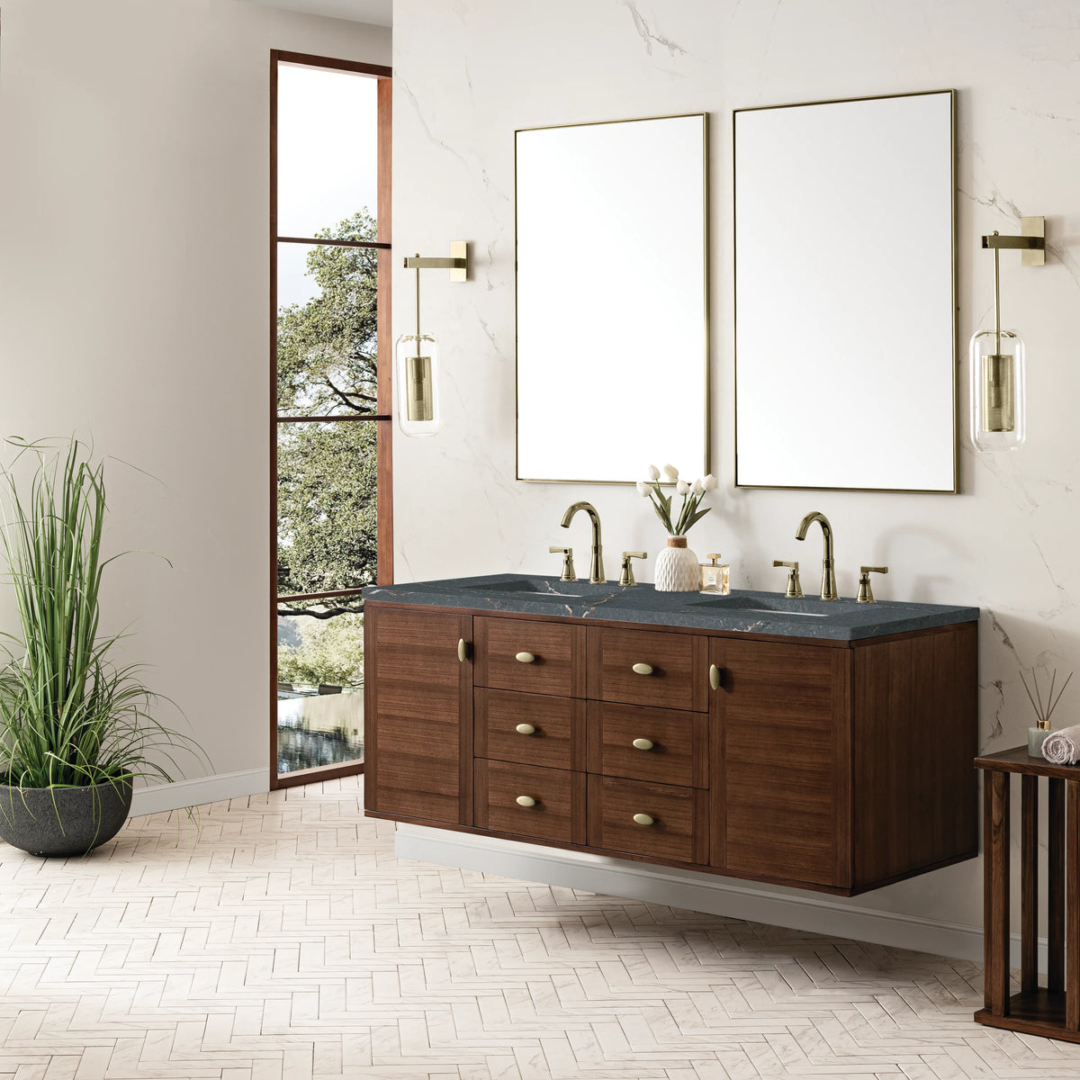 Amberly 60" Double Vanity, Mid-Century Walnut w/ 3 CM Parisien Bleu Top w/FreePower Wireless Charger, view 10