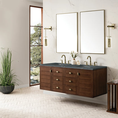 Amberly 60" Double Vanity, Mid-Century Walnut w/ 3 CM Parisien Bleu Top w/FreePower Wireless Charger, view 10