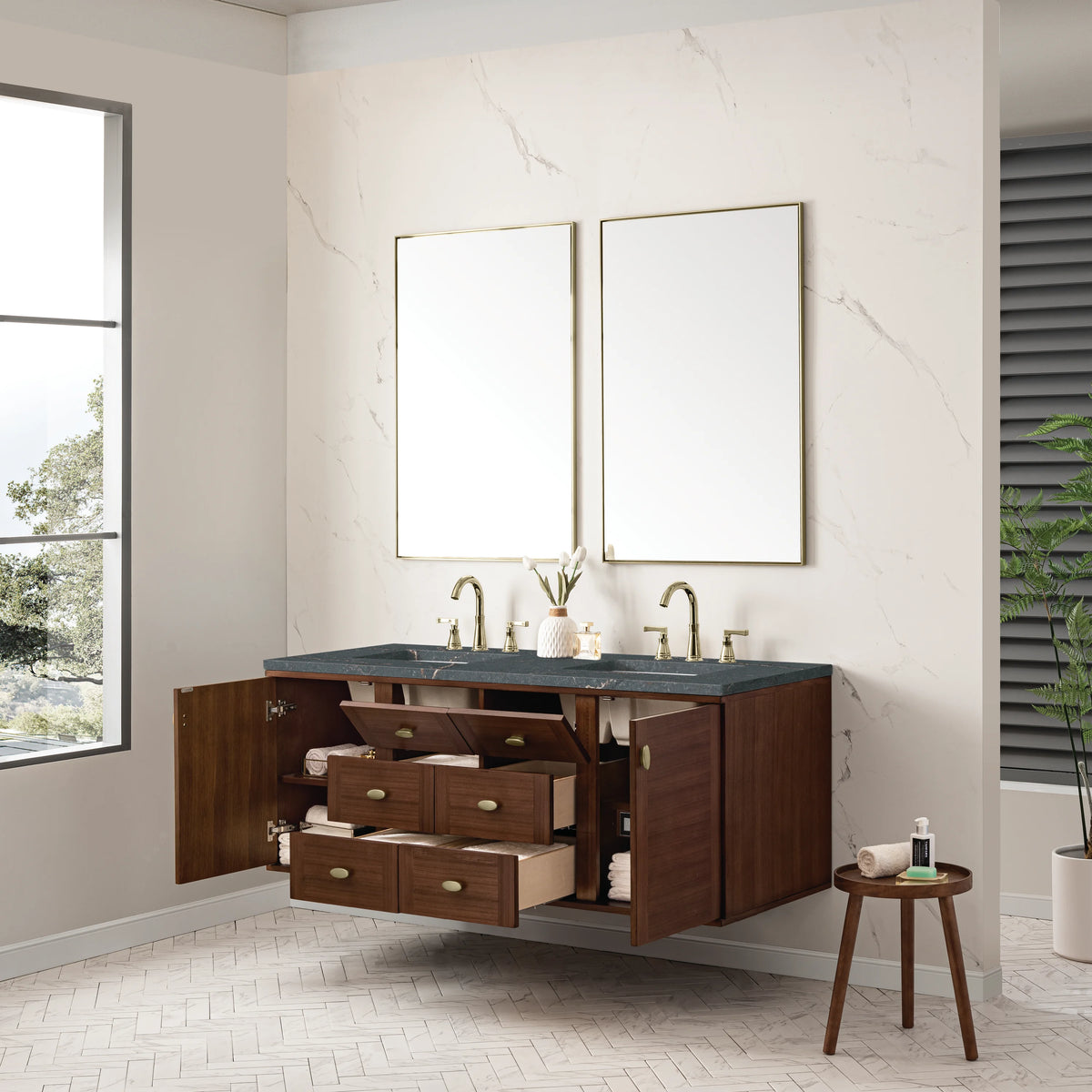 Amberly 60" Double Vanity, Mid-Century Walnut w/ 3 CM Parisien Bleu Top w/FreePower Wireless Charger, view 12