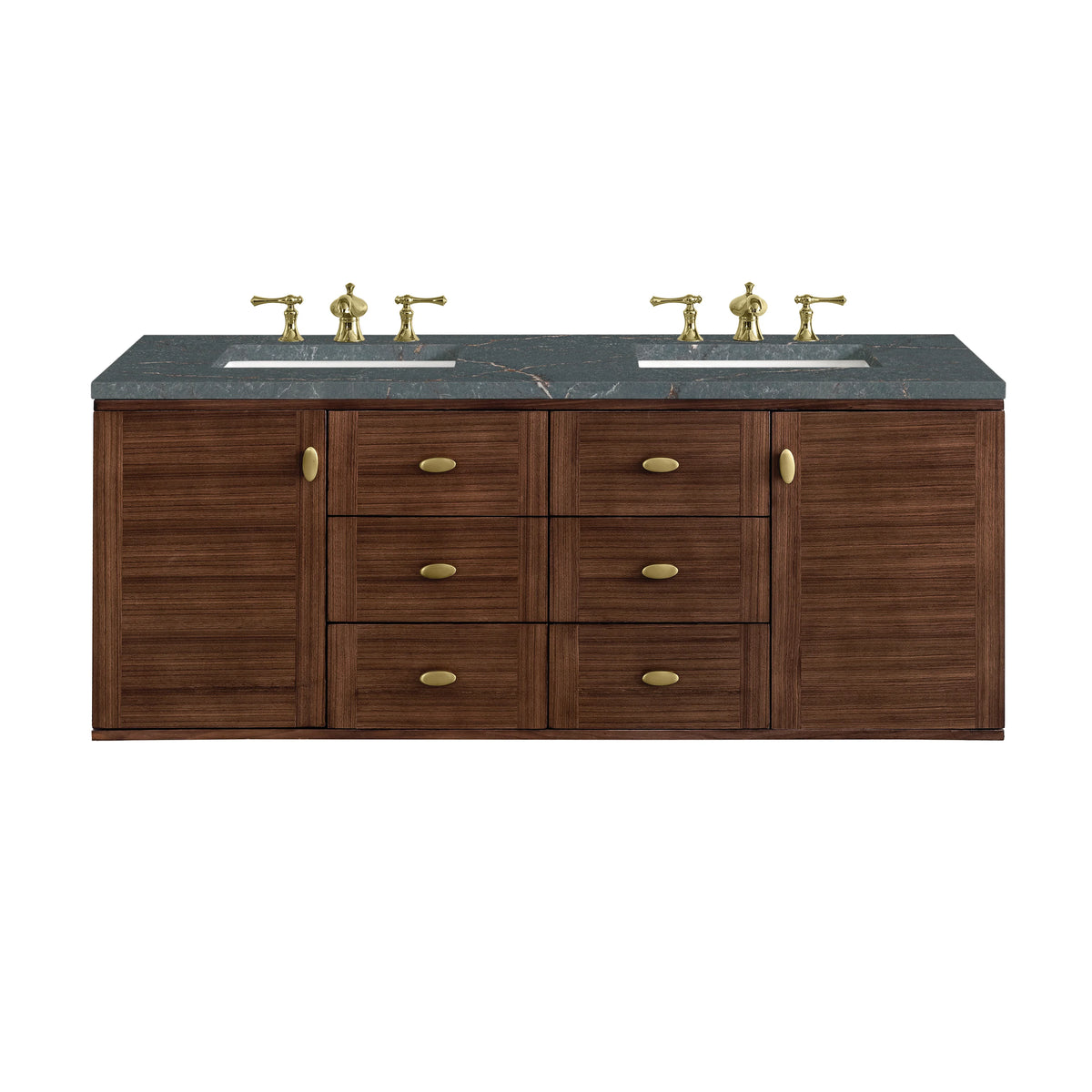 Amberly 60" Double Vanity, Mid-Century Walnut w/ 3 CM Parisien Bleu Top w/FreePower Wireless Charger, view 2