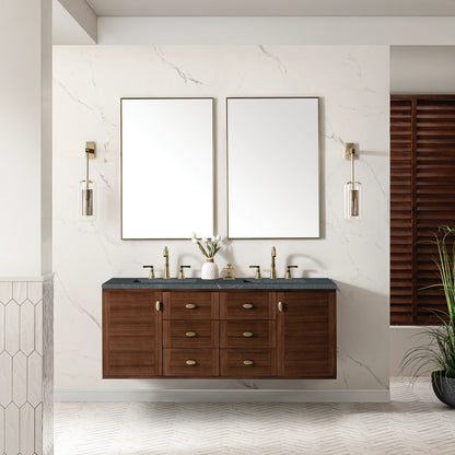 Amberly 60" Double Vanity, Mid-Century Walnut w/ 3 CM Parisien Bleu Top w/FreePower Wireless Charger, view 8