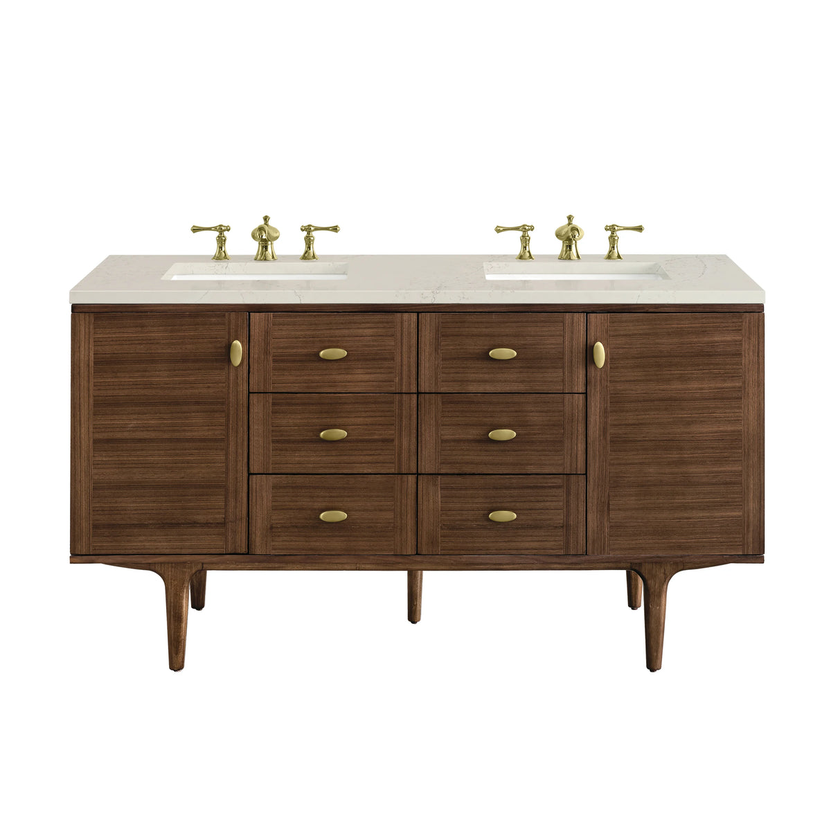 Amberly 60" Double Vanity, Mid-Century Walnut, w/ 3 CM Siberian Silestone Top w/FreePower Wireless Charger