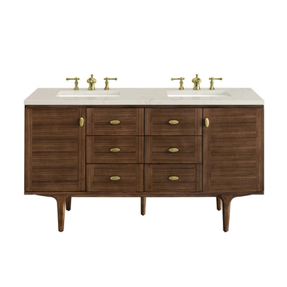 Amberly 60" Double Vanity, Mid-Century Walnut, w/ 3 CM Siberian Silestone Top w/FreePower Wireless Charger