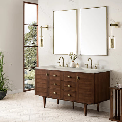 Amberly 60" Double Vanity, Mid-Century Walnut, w/ 3 CM Siberian Silestone Top w/FreePower Wireless Charger, view 9