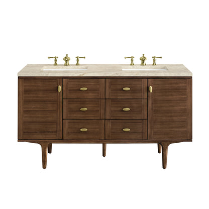 Amberly 60" Double Vanity, Mid-Century Walnut, w/ 3 CM Tajnar Eclos Top w/FreePower Wireless Charger
