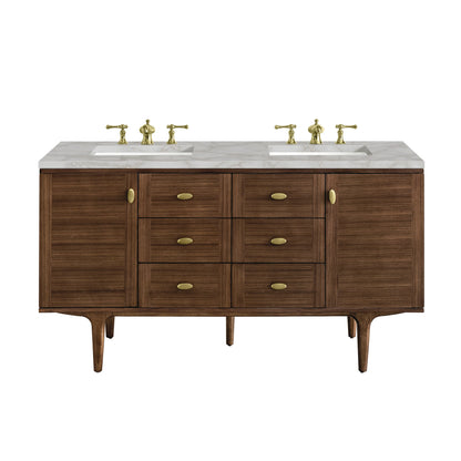 Amberly 60" Double Vanity, Mid-Century Walnut w/ 3 CM Victorian Silver Top w/FreePower Wireless Charger