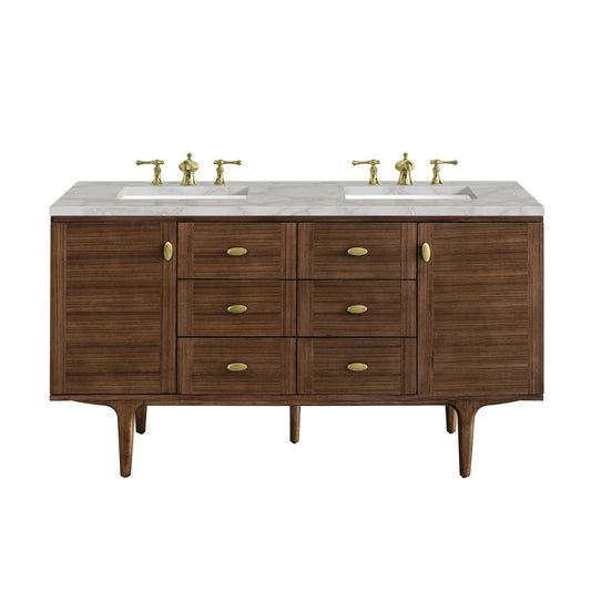 Amberly 60" Double Vanity, Mid-Century Walnut w/ 3 CM Victorian Silver Top w/FreePower Wireless Charger