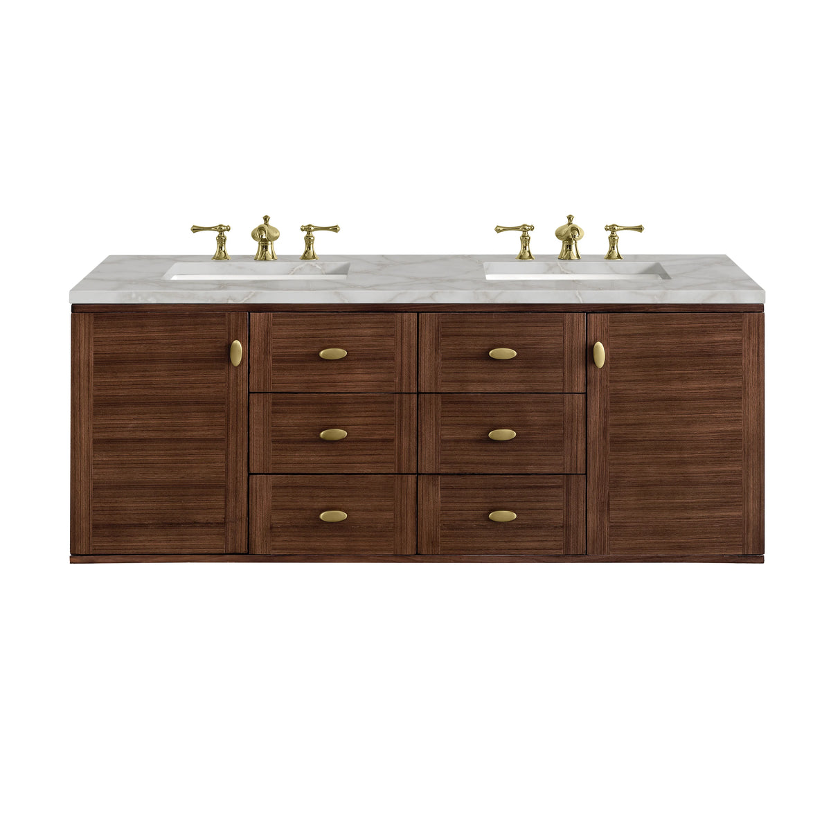 Amberly 60" Double Vanity, Mid-Century Walnut w/ 3 CM Victorian Silver Top w/FreePower Wireless Charger, view 2