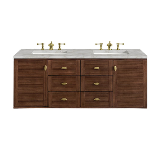 Amberly 60" Double Vanity, Mid-Century Walnut w/ 3 CM Victorian Silver Top w/FreePower Wireless Charger, view 2