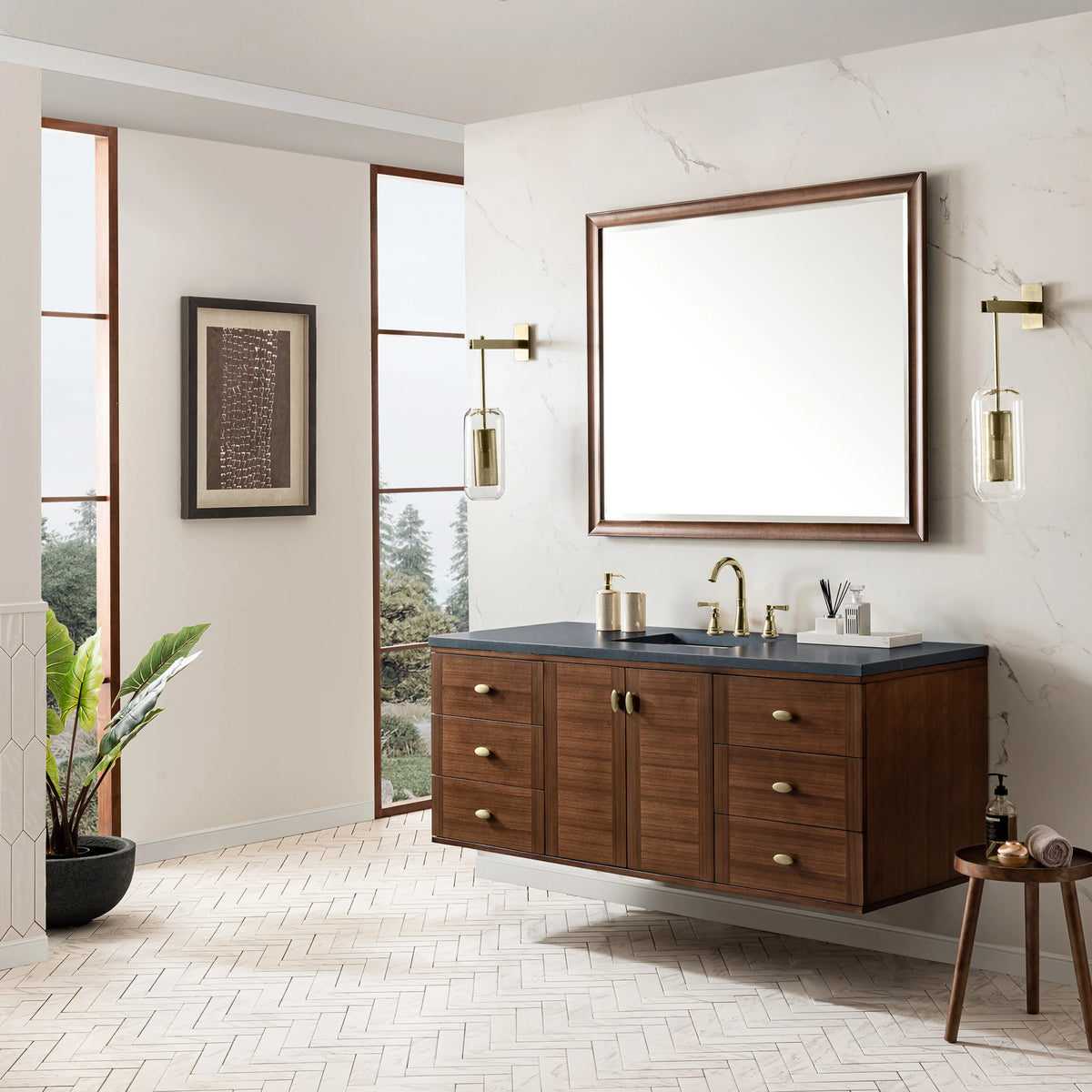 Amberly 60" Single Vanity, Mid-Century Walnut w/ 3 CM Charcoal Soapstone Top, view 10