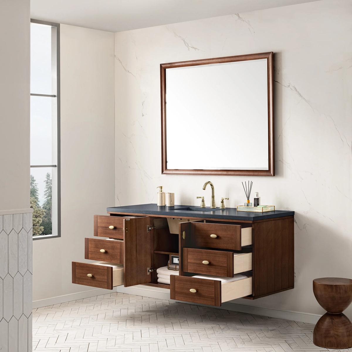 Amberly 60" Single Vanity, Mid-Century Walnut w/ 3 CM Charcoal Soapstone Top, view 12