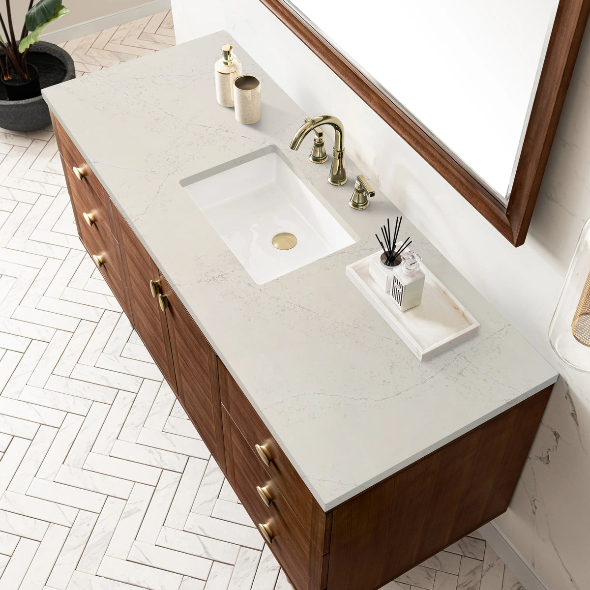 Amberly 60" Single Vanity, Mid-Century Walnut, w/ 3 CM Siberian Silestone Top, view 11