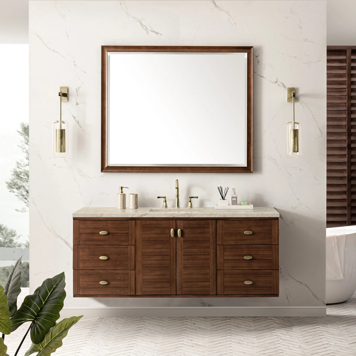 Amberly 60" Single Vanity, Mid-Century Walnut, w/ 3 CM Tajnar Eclos Top, view 6