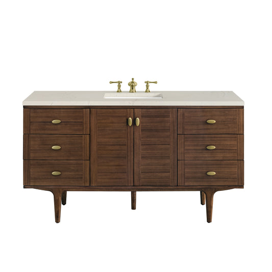 Amberly 60" Single Vanity, Mid-Century Walnut, w/ 3 CM Siberian Silestone Top w/FreePower Wireless Charger