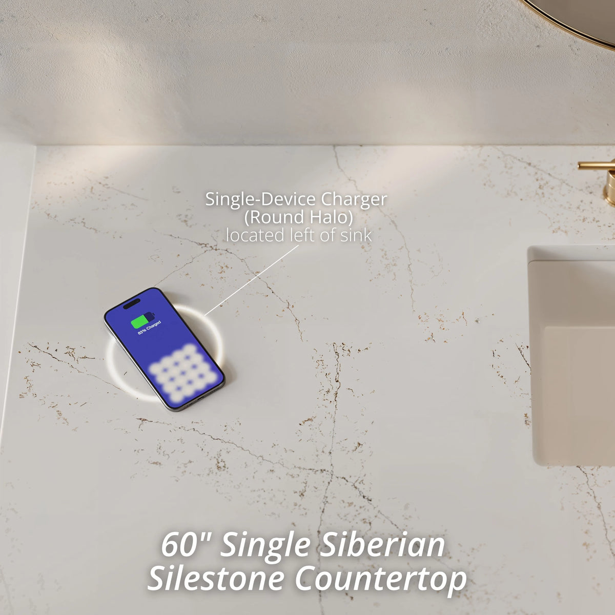 Amberly 60" Single Vanity, Mid-Century Walnut, w/ 3 CM Siberian Silestone Top w/FreePower Wireless Charger, view 3