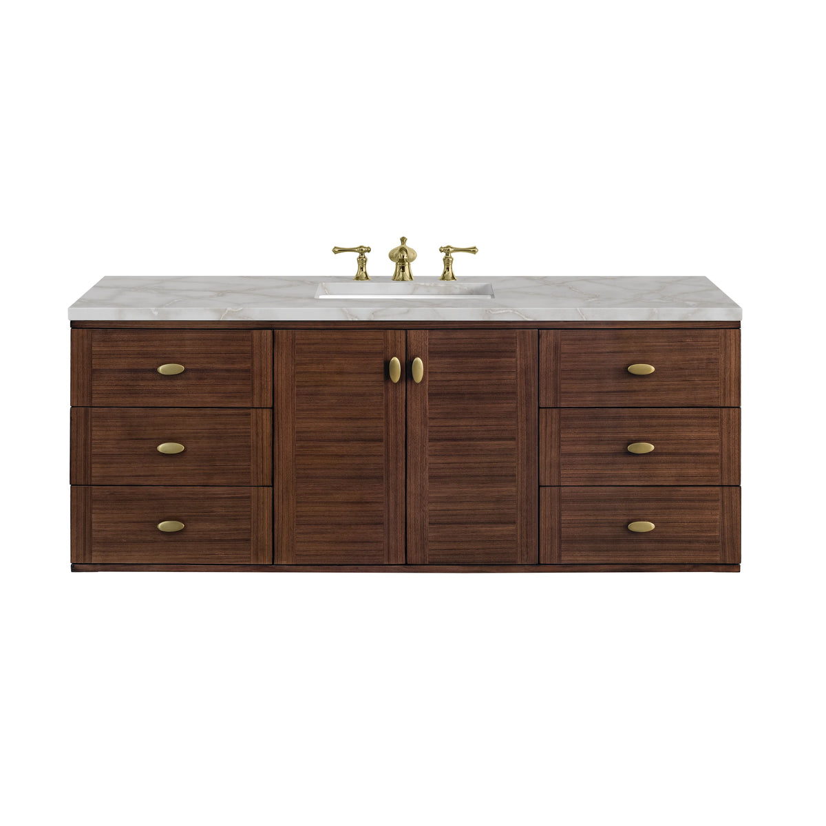 Amberly 60" Single Vanity, Mid-Century Walnut w/ 3 CM Victorian Silver Top w/FreePower Wireless Charger, view 2