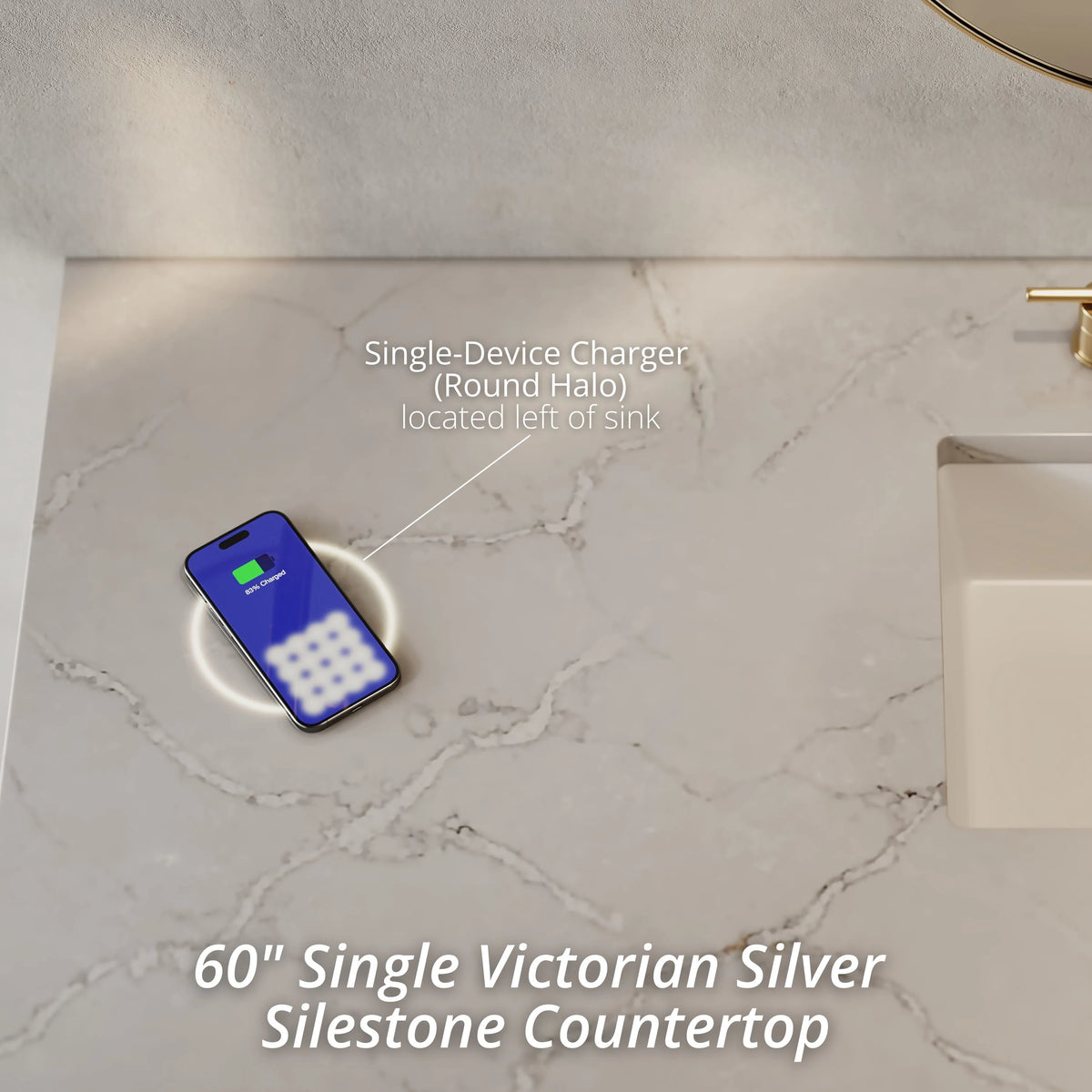 Amberly 60" Single Vanity, Mid-Century Walnut w/ 3 CM Victorian Silver Top w/FreePower Wireless Charger, view 4
