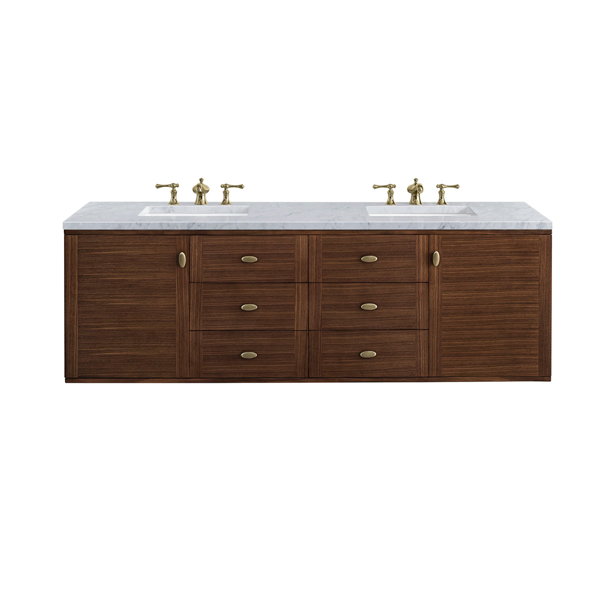 Amberly 72" Double Vanity, Mid-Century Walnut w/ 3 CM Carrara Marble Top, view 2