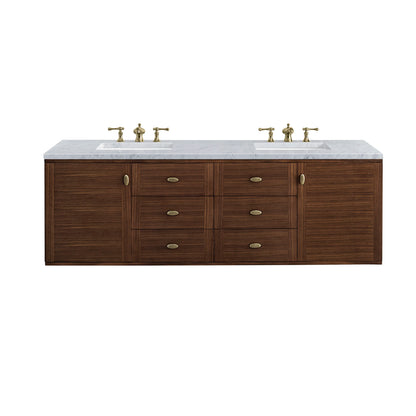 Amberly 72" Double Vanity, Mid-Century Walnut w/ 3 CM Carrara Marble Top, view 2