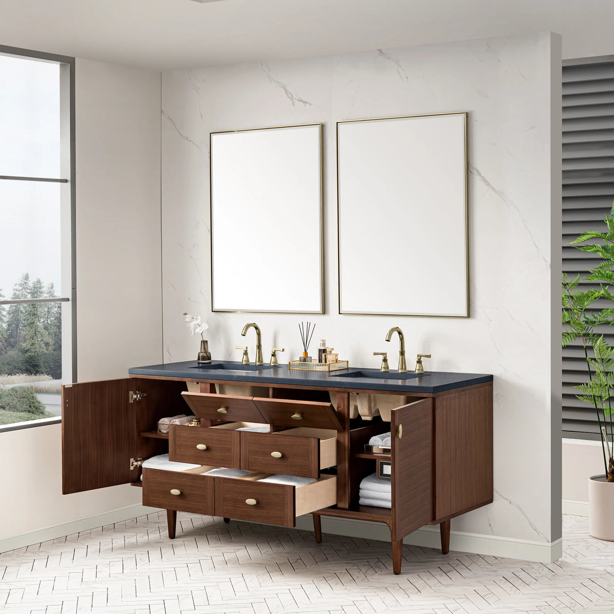 Amberly 72" Double Vanity, Mid-Century Walnut w/ 3 CM Charcoal Soapstone Top, view 13