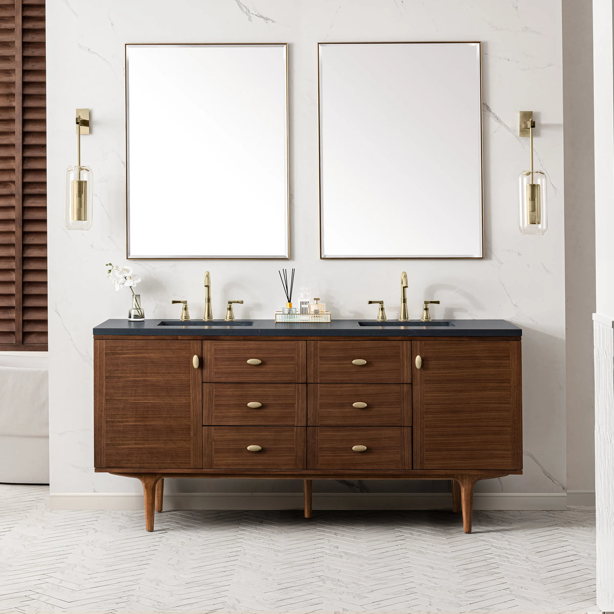 Amberly 72" Double Vanity, Mid-Century Walnut w/ 3 CM Charcoal Soapstone Top, view 7