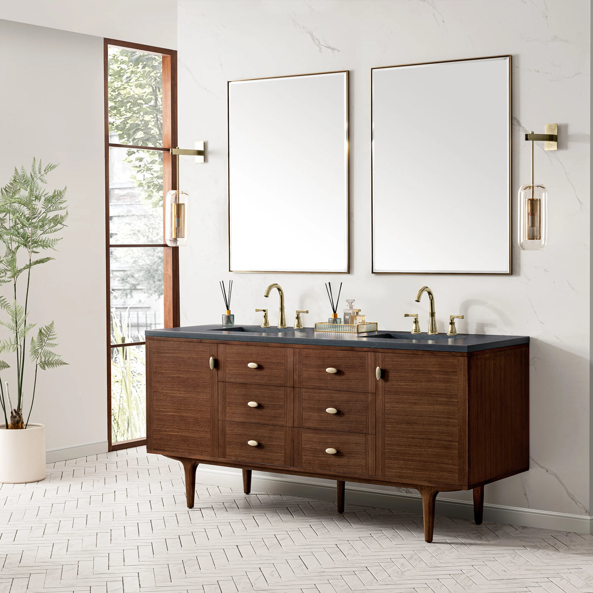 Amberly 72" Double Vanity, Mid-Century Walnut w/ 3 CM Charcoal Soapstone Top, view 9
